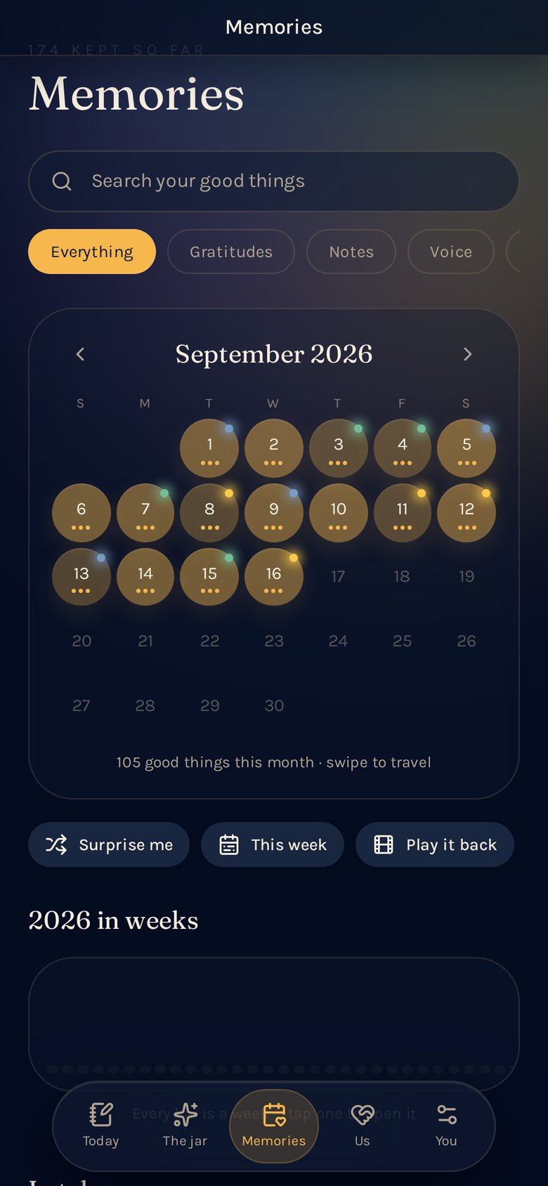 The Memories screen: a calendar of September with each written day glowing, and search across everything